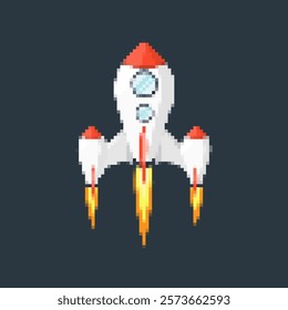 Pixel art rocket with fiery trails, retro games, space-themed designs, apps, or animations. 8-bit style for technology, sci-fi, and futuristic creative projects. Vector illustration