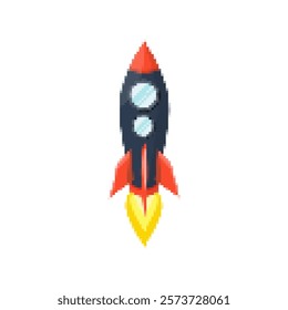 Pixel art rocket with fiery trails, retro games, space-themed designs, apps, or animations. 8-bit style for technology, sci-fi, and futuristic creative projects. Vector illustration