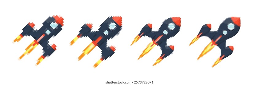 Pixel art rocket with fiery trails, retro games, space-themed designs, apps, or animations. 8-bit style for technology, sci-fi, and futuristic creative projects. Vector illustration