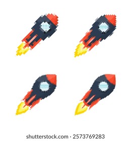 Pixel art rocket with fiery trails, retro games, space-themed designs, apps, or animations. 8-bit style for technology, sci-fi, and futuristic creative projects. Vector illustration