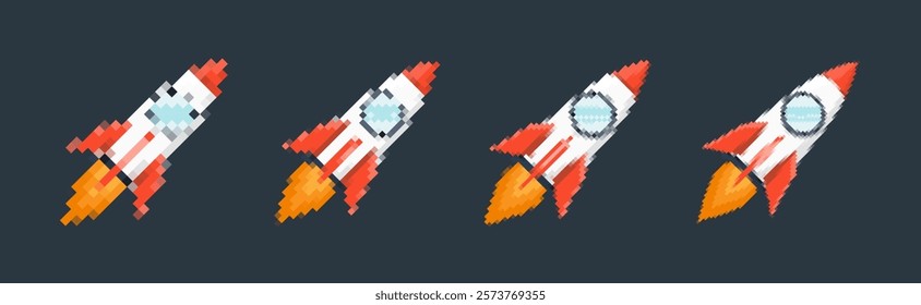 Pixel art rocket with fiery trails, retro games, space-themed designs, apps, or animations. 8-bit style for technology, sci-fi, and futuristic creative projects. Vector illustration