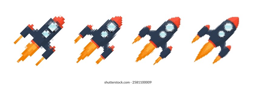 Pixel art rocket with fiery trails, retro games, space-themed designs, apps, or animations. 8-bit style for technology, sci-fi, and futuristic creative projects. Vector illustration