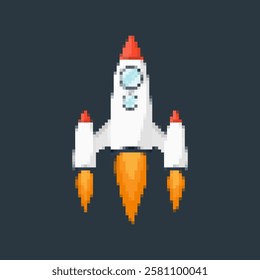 Pixel art rocket with fiery trails, retro games, space-themed designs, apps, or animations. 8-bit style for technology, sci-fi, and futuristic creative projects. Vector illustration