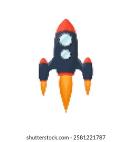 Pixel art rocket with fiery trails, retro games, space-themed designs, apps, or animations. 8-bit style for technology, sci-fi, and futuristic creative projects. Vector illustration