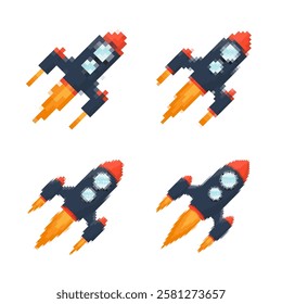 Pixel art rocket with fiery trails, retro games, space-themed designs, apps, or animations. 8-bit style for technology, sci-fi, and futuristic creative projects. Vector illustration