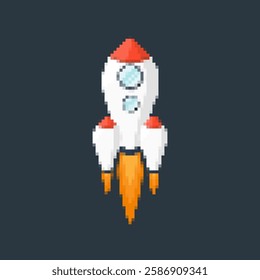 Pixel art rocket with fiery trails, retro games, space-themed designs, apps, or animations. 8-bit style for technology, sci-fi, and futuristic creative projects. Vector illustration