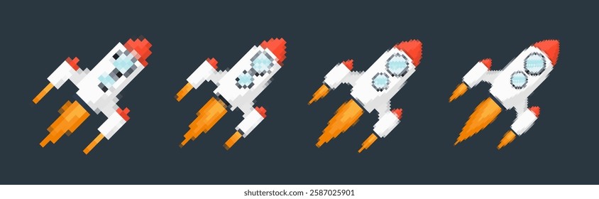 Pixel art rocket with fiery trails, retro games, space-themed designs, apps, or animations. 8-bit style for technology, sci-fi, and futuristic creative projects. Vector illustration