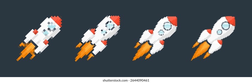 Pixel art rocket with fiery trails, retro games, space-themed designs, apps, or animations. 8-bit style for technology, sci-fi, and futuristic creative projects. Vector illustration