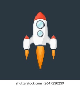 Pixel art rocket with fiery trails, retro games, space-themed designs, apps, or animations. 8-bit style for technology, sci-fi, and futuristic creative projects. Vector illustration