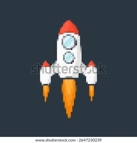 Pixel art rocket with fiery trails, retro games, space-themed designs, apps, or animations. 8-bit style for technology, sci-fi, and futuristic creative projects. Vector illustration