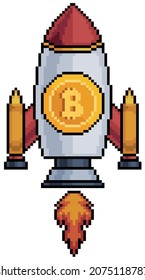 Pixel art Rocket flying with bitcoin icon. Bitcoin boom. Investment in cryptocurrencies 8bit vector on white background
