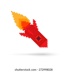Pixel art rocket flying down, falling on white background