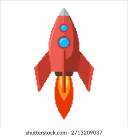 Pixel-Art-Raketensymbol einzeln auf weißem Hintergrund. Vektorgrafik