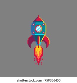 Pixel art rocket launch. Spaceship icon in retro style. Isolated vector illustration.