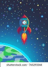 Pixel Art Rocket Launch. Spaceship In Cosmos Poster In Retro Style. Vector Illustration.