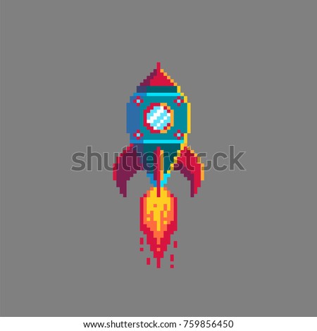 Pixel art rocket launch. Spaceship icon in retro style. Isolated vector illustration.
