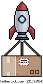 Pixel art rocket with order pack, parcel package, cardboard box, express delivery vector icon for 8bit game on white background
