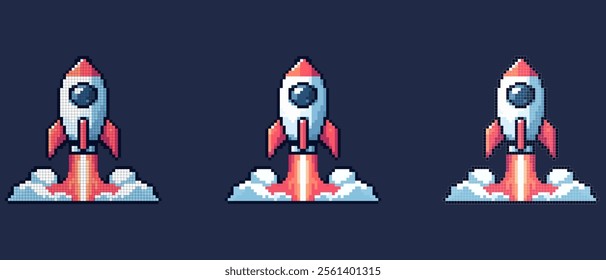 Pixel art of a rocket ship launching into the sky white with red accents and circular window solid dark blue background