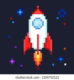 Las naves espaciales de cohete de arte de píxeles hacen un icono vector aislado en el espacio cósmico. Viaje de lanzadera de caricaturas para videojuegos de 8 bits retro. Cosmos de Pixel