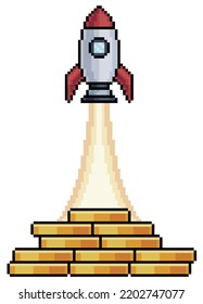 Pixel art rocket taking off from stack of coins vector icon for 8bit game on white background