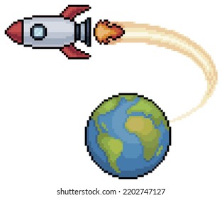 Pixel art rocket taking off from earth, rocket flying vector icon for 8bit game on white background