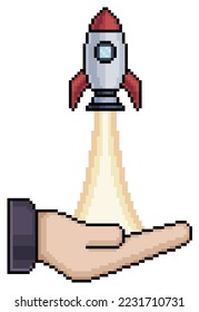 
Pixel art rocket taking off by hand vector icon for 8bit game on white background