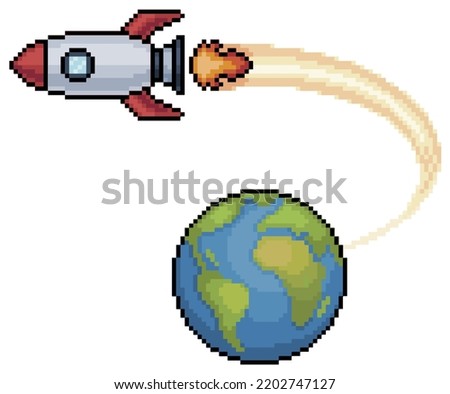 Pixel art rocket taking off from earth, rocket flying vector icon for 8bit game on white background