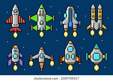 Pixel Art Rockets and Spaceships Set. Space shuttles for universe exploration. Game rockets in retro style. Vector illustration fantasy vehicles