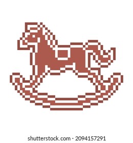 Pixel art rocking horse gingerbread cookie decorated with white sugar icing, 8 bit food icon isolated on white background. Frosted biscuit. Christmas dessert. Winter holiday pastry. 2d game graphics.