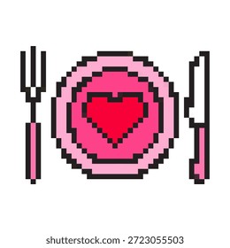 Pixel art romantic dinner plate icon with heart and cutlery. Retro 8-bit style restaurant meal symbol for Valentine Day. Colorful pixelated love food vector illustration isolated on white.