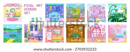 Pixel Art Room Background and Landscape Screen Set with Cute Interiors, Outdoor Scenes, Fantasy Garden Views and Retro 8bit Retro Game Style Decorative Background Collection