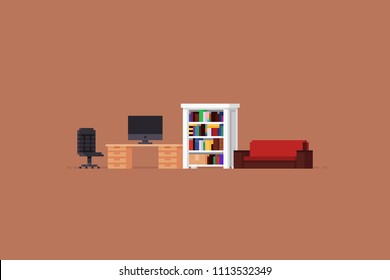 Pixel art room furniture with chair, table with personal computer, bookshelf and sofa