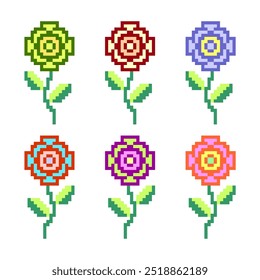 Pixel art of Rose flower set vector. Pixelated flower vector for video games icon.