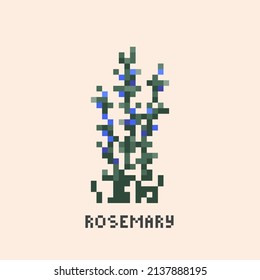 Pixel art rosemary flower. Vintage 90s gaming 8 bit icon of rosemary bush. Vector pixel rosemary game pattern.	