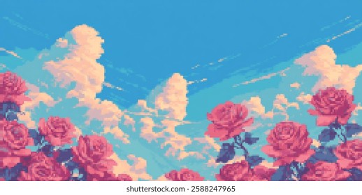 Pixel art roses and blue sky with clouds - vintage aesthetic design for posters and cards