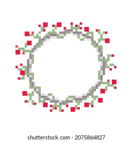 Pixel art round botanical ornament frame with text space isolated on white background. 8 bit circle border. Natural decorative wreath. Abstract climbing plant garland with red berries and swirls.