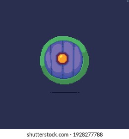 Pixel art round wooden shield isolated on dark background