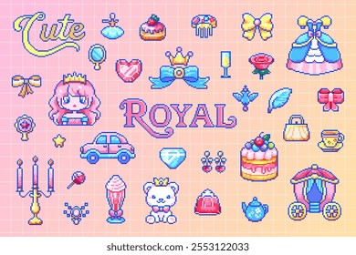 Pixel Art Royal Princess Sticker Set. 8-bit Cute Elements Pack with Princess, Queen Crown, Carriage, Dress, Cake, Diamond, Bow, Tea Set, Accessories, Retro Style Game Y2k Elements and Stickers.