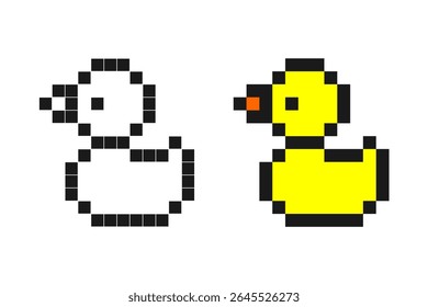 Pato de borracha Pixel art em contorno e cor amarela, bonito estilo de 8 bits.