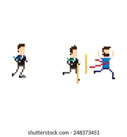 Pixel art running characters on finish line