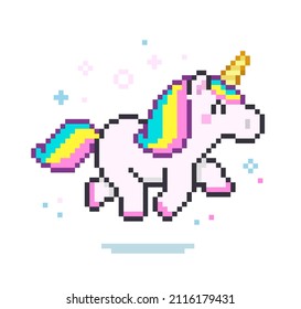 Pixel art running Pink Unicorn on white background cartoon style isolated vector. Cute cartoon Unicorn icon in retro 8-bit game style	