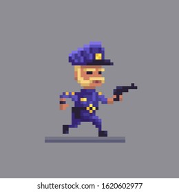 Pixel Art Running Policeman. Cop With A Gun At The Work. Vector Illustration.