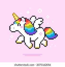 Pixel art running white Unicorn with Rainbow  mane and tail on pink background - isolated vector. Cute White Unicorn icon in retro 8-bit game style