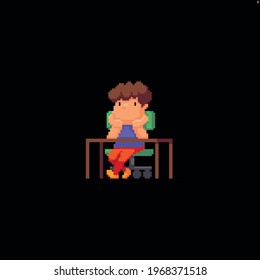 Pixel art sad melancholic character sitting behind table with head on his head