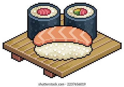 
Pixel art sake nigiri, tekka maki, futomaki on wooden board for sushi japanese food vector icon for 8bit game on white background