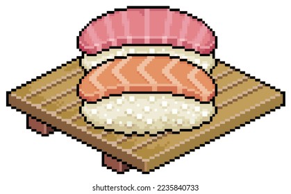 Pixel art sake nigiri and toro nigiri on wooden board for sushi vector icon for 8bit game on white background