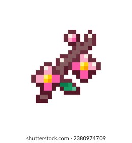 Pixel Art Sakura. Retro 8 bit Style Cherry Blossom Flower on the Branch Illustration. Ideal for Hanami Sticker, Retro Decorative Spring Element, Japanese Decor Game Asset, Emoji, Patch.	