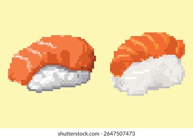 Salmão Nigiri Sushi. Uma ilustração detalhada pixel arte com duas peças de salmão nigiri sushi