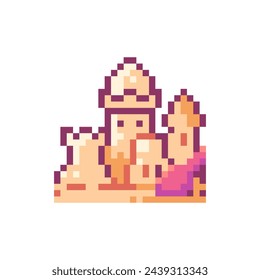 Pixel Art Sand Castle Icon. Vector Y2K 8Bit Sticker of Beach Fort. Cute Summer Sculpture Video Game Element for Vacation Graphic Design.