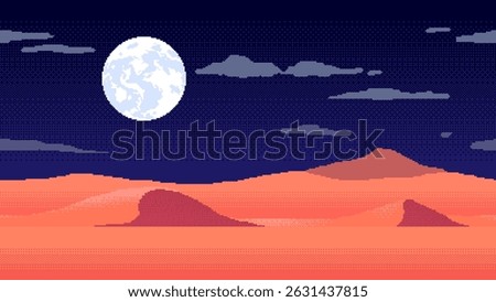 Pixel art sand desert landscape at night. Retro cartoon 8bit video game arcade level with sand-dunes, moon and clouds. Vector seamless background.